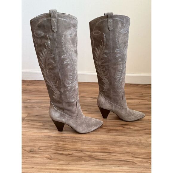 Veronica Beard Womens Ballan Suede Stitch Western Cowboy Tall Boots Taupe Sz 7.5 - Picture 4 of 7